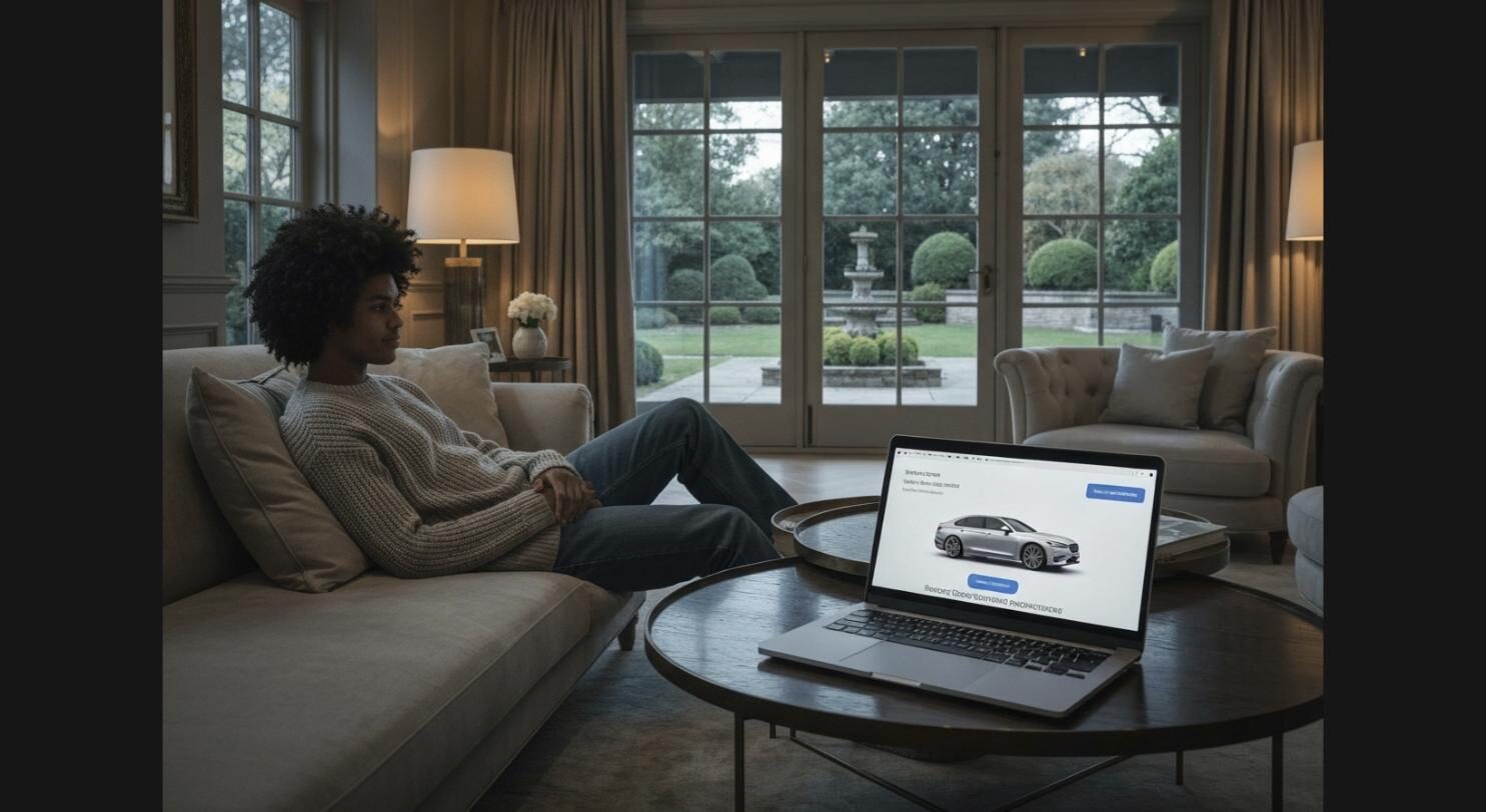 Relaxing at home on a couch with a laptop showing a car listing